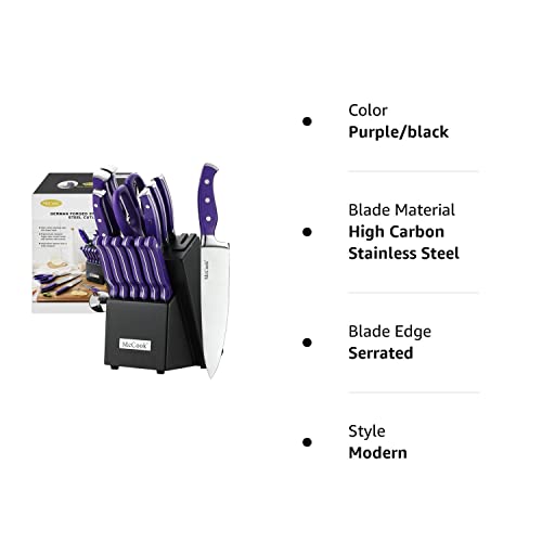 McCook MC27 14 Pieces Stainless Steel kitchen knife set with Wooden Block, Kitchen Scissors and Built-in Sharpener, Purple