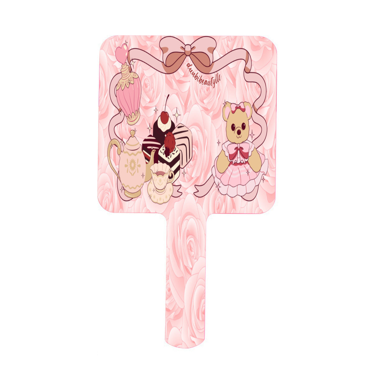 Handle Square Mirror｜Rubber Cute Teddy Bear, Tea Party, Ribbon, Bows, Cakes, Cute, Victorian, Doll, Cute Girl, Pink Style 2, Roses (Designed by Dunbi)