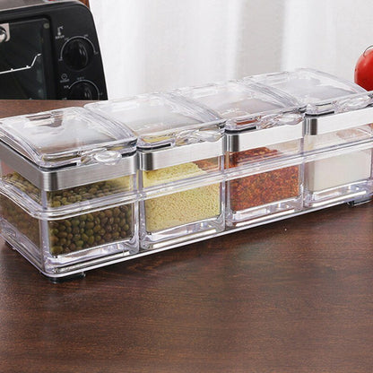 3/4 Grid Acrylic Transparent Seasoning Box Salt and Pepper Kitchen Spice Container Condiment Storage with Spoon Seasoning Tool - DunbiBeauty, LLC