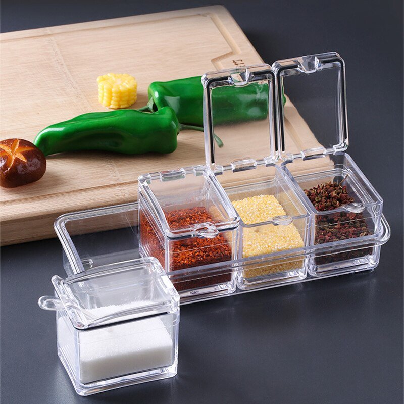 3/4 Grid Acrylic Transparent Seasoning Box Salt and Pepper Kitchen Spice Container Condiment Storage with Spoon Seasoning Tool - DunbiBeauty, LLC