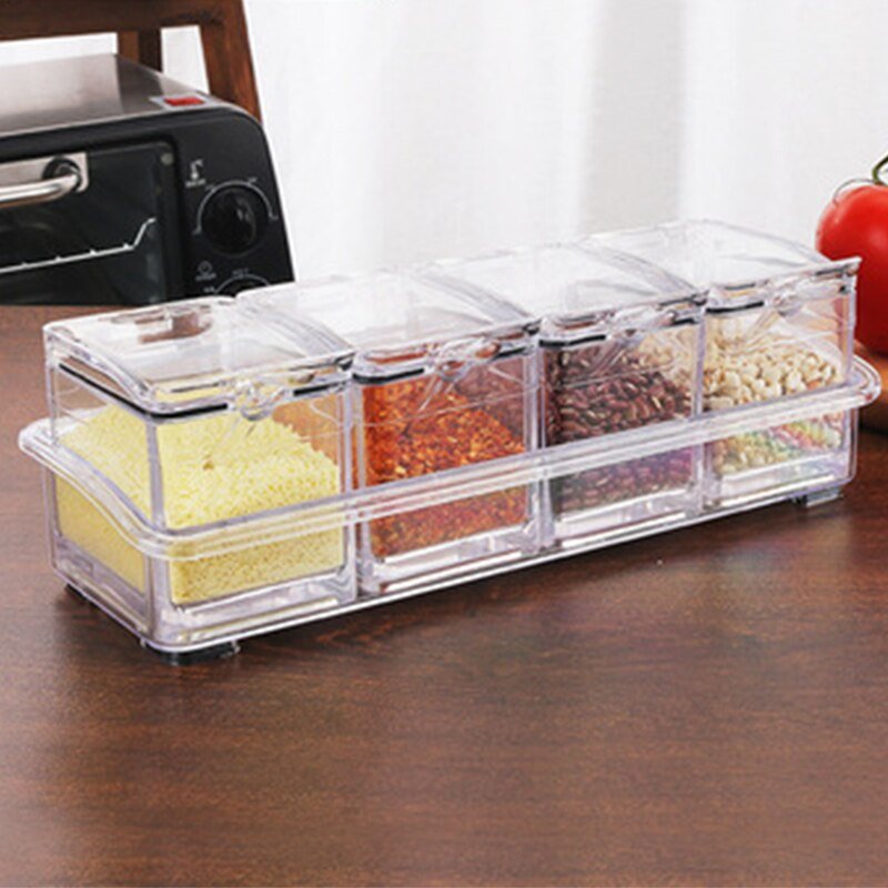 3/4 Grid Acrylic Transparent Seasoning Box Salt and Pepper Kitchen Spice Container Condiment Storage with Spoon Seasoning Tool - DunbiBeauty, LLC