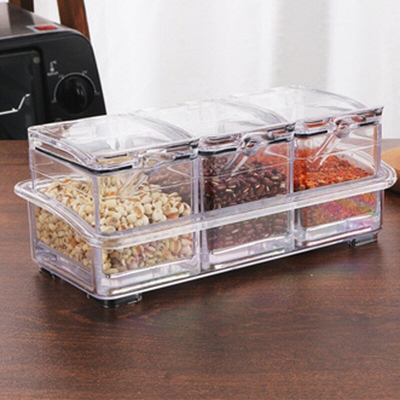 3/4 Grid Acrylic Transparent Seasoning Box Salt and Pepper Kitchen Spice Container Condiment Storage with Spoon Seasoning Tool - DunbiBeauty, LLC