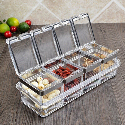 3/4 Grid Acrylic Transparent Seasoning Box Salt and Pepper Kitchen Spice Container Condiment Storage with Spoon Seasoning Tool - DunbiBeauty, LLC