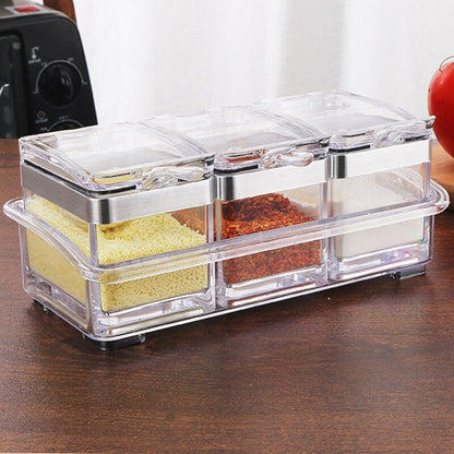 3/4 Grid Acrylic Transparent Seasoning Box Salt and Pepper Kitchen Spice Container Condiment Storage with Spoon Seasoning Tool - DunbiBeauty, LLC