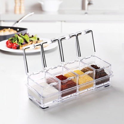 3/4 Grid Acrylic Transparent Seasoning Box Salt and Pepper Kitchen Spice Container Condiment Storage with Spoon Seasoning Tool - DunbiBeauty, LLC