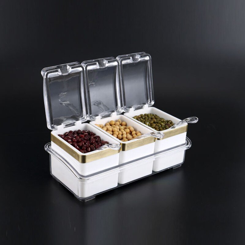 3/4 Grid Acrylic Transparent Seasoning Box Salt and Pepper Kitchen Spice Container Condiment Storage with Spoon Seasoning Tool - DunbiBeauty, LLC