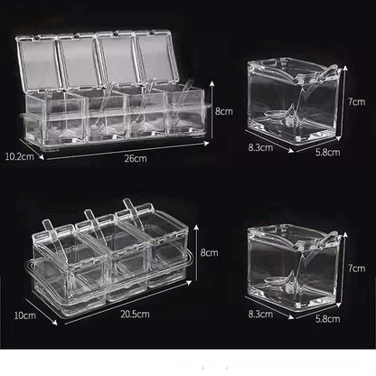 3/4 Grid Acrylic Transparent Seasoning Box Salt and Pepper Kitchen Spice Container Condiment Storage with Spoon Seasoning Tool - DunbiBeauty, LLC