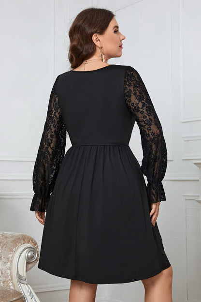 Plus Size Lace Trim Round Neck Flounce Sleeve Dress