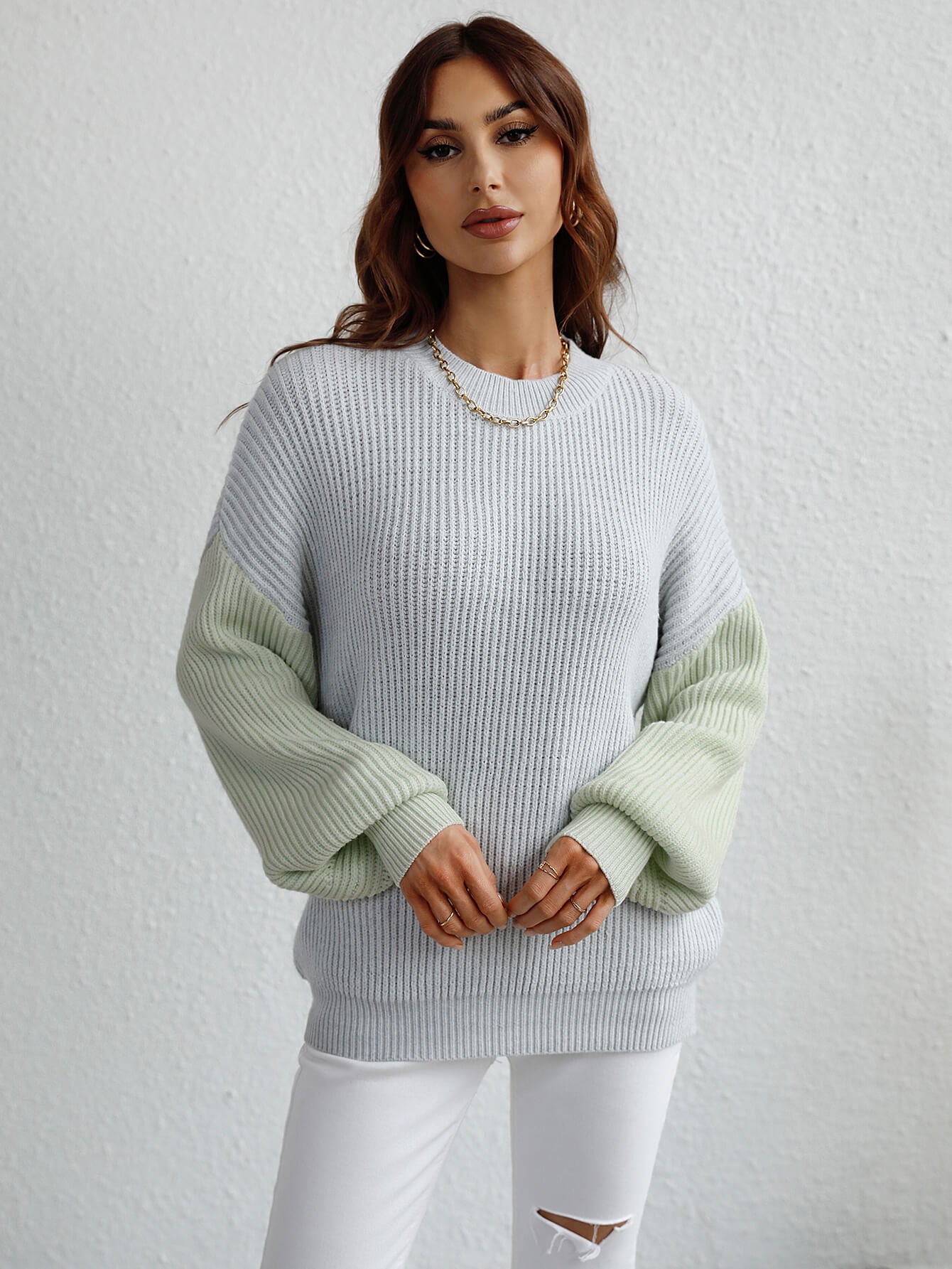 Two-Tone Rib-Knit Dropped Shoulder Sweater Trendsi