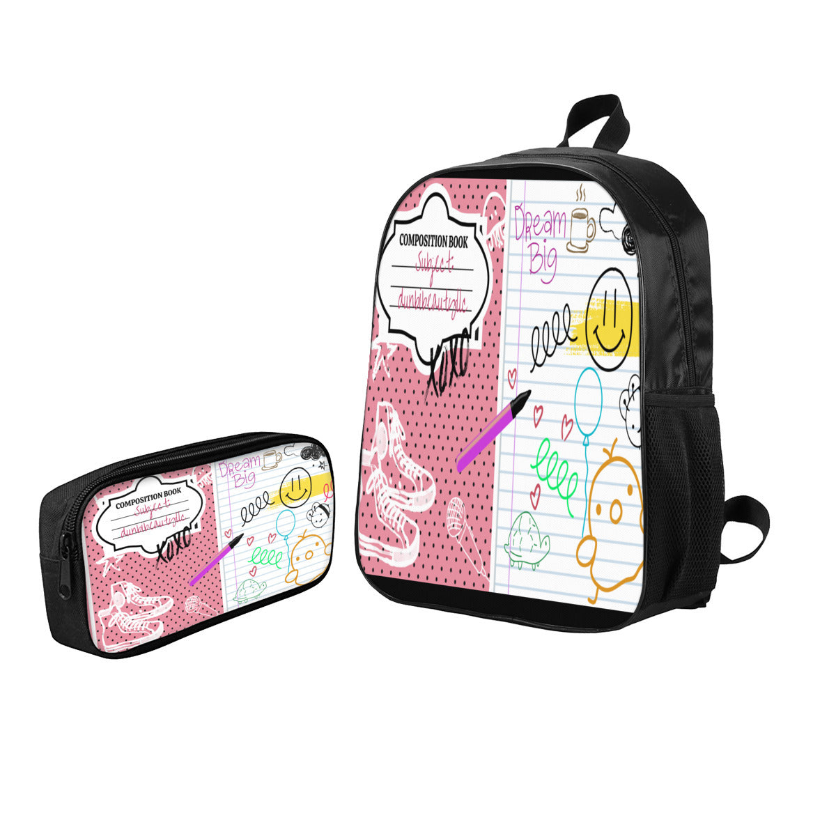 Youth Personalized School Bag (Polyester Boning) + Pen Pouch | Oxford Cloth -Back to School, Composition Notebook Style, Doodles, Scribbles, Writing, Girl, Pink (Designed by Dunbi)