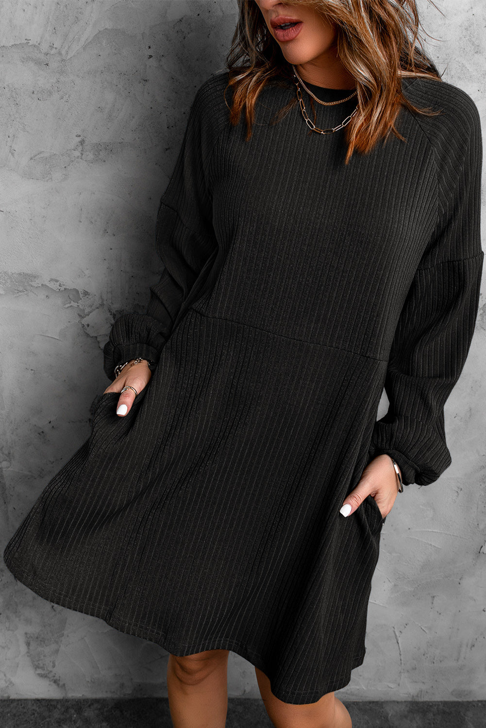 Round Neck Empire Waist Ribbed Knit Dress Kiwidrop