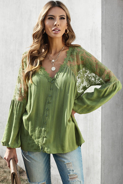 V Neckline Lace Shoulder Patchwork Blouse Kiwidrop