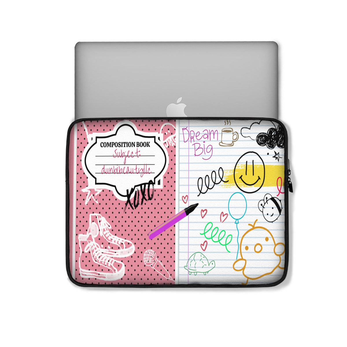 Laptop Padded Lined Bag｜Polyester - Back to School, Composition Notebook Style, Doodles, Scribbles, Writing, Girl, Pink (Designed by Dunbi)