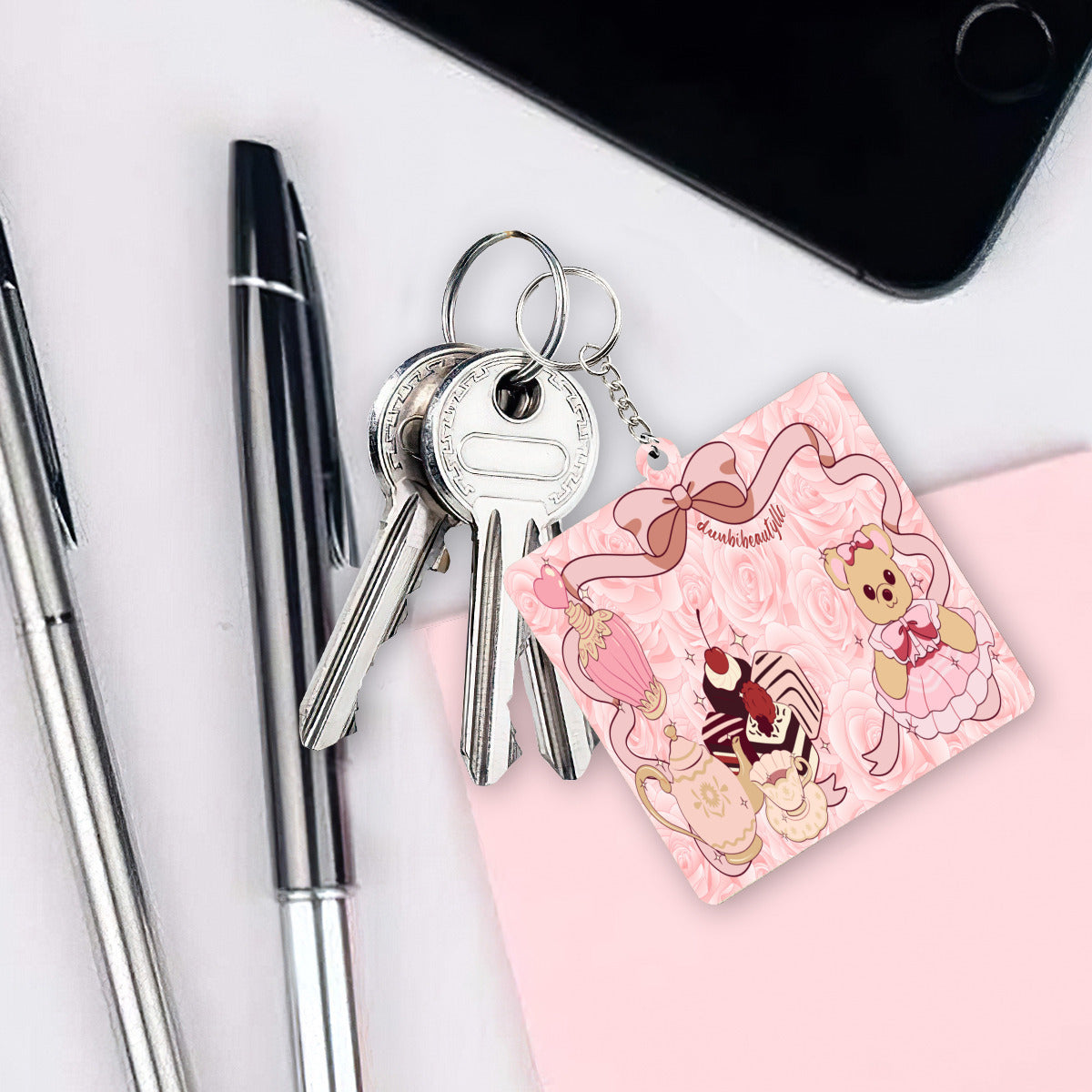 Wooden square keychain (double-sided design) |Cute Teddy Bear, Tea Party, Ribbon, Bows, Cakes, Cute, Victorian, Doll, Cute Girl, Pink Style 2, Roses (Designed by Dunbi)