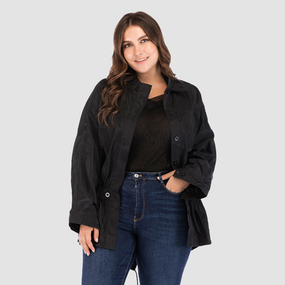 Plus Size Mock Neck Single-Breasted Cinched Waist Jacket Kiwidrop