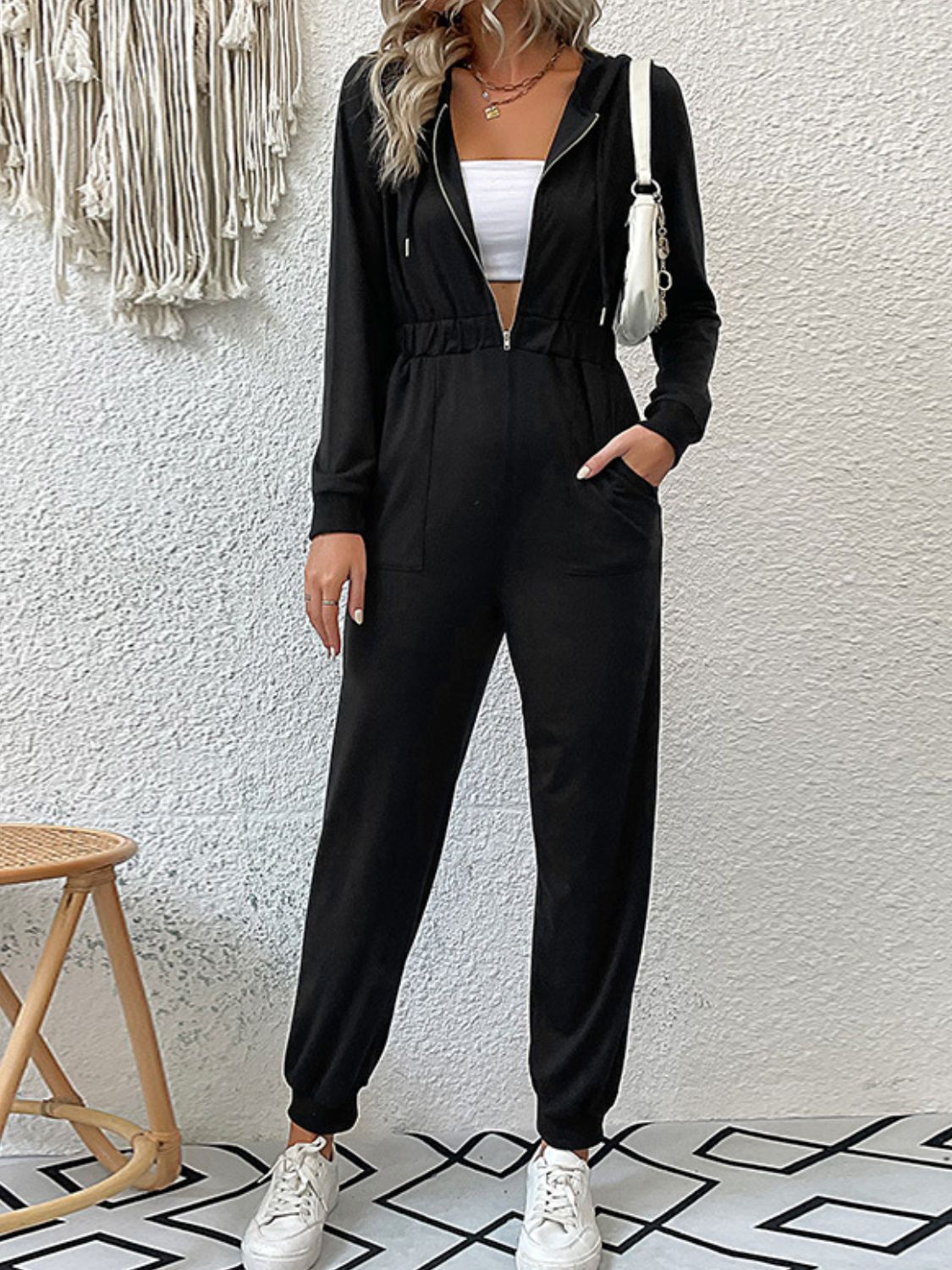 Zip Up Elastic Waist Hooded Jogger Jumpsuit Trendsi