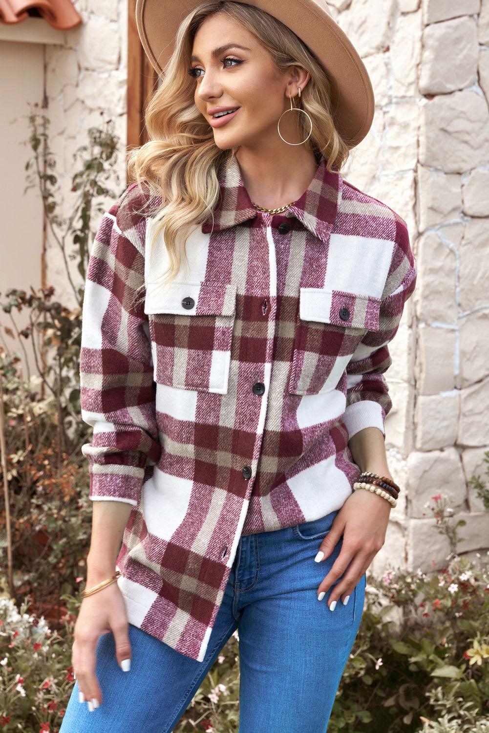 Plaid Dropped Shoulder Pocket Shacket Trendsi