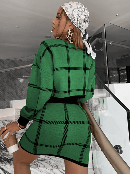 Plaid Crop Sweater & Knit Skirt Set Kiwidrop