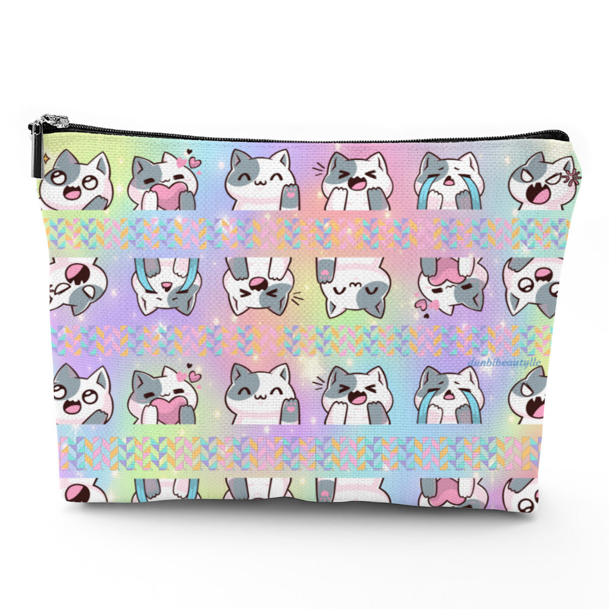 Customized Canvas Cosmetic Bag｜Canvas -Kawaii Cat, Anime Style, Cartoon, Emotions, Happy, Sad, Angry, Laughing, Pastel Rainbow Background (Designed by Dunbi)