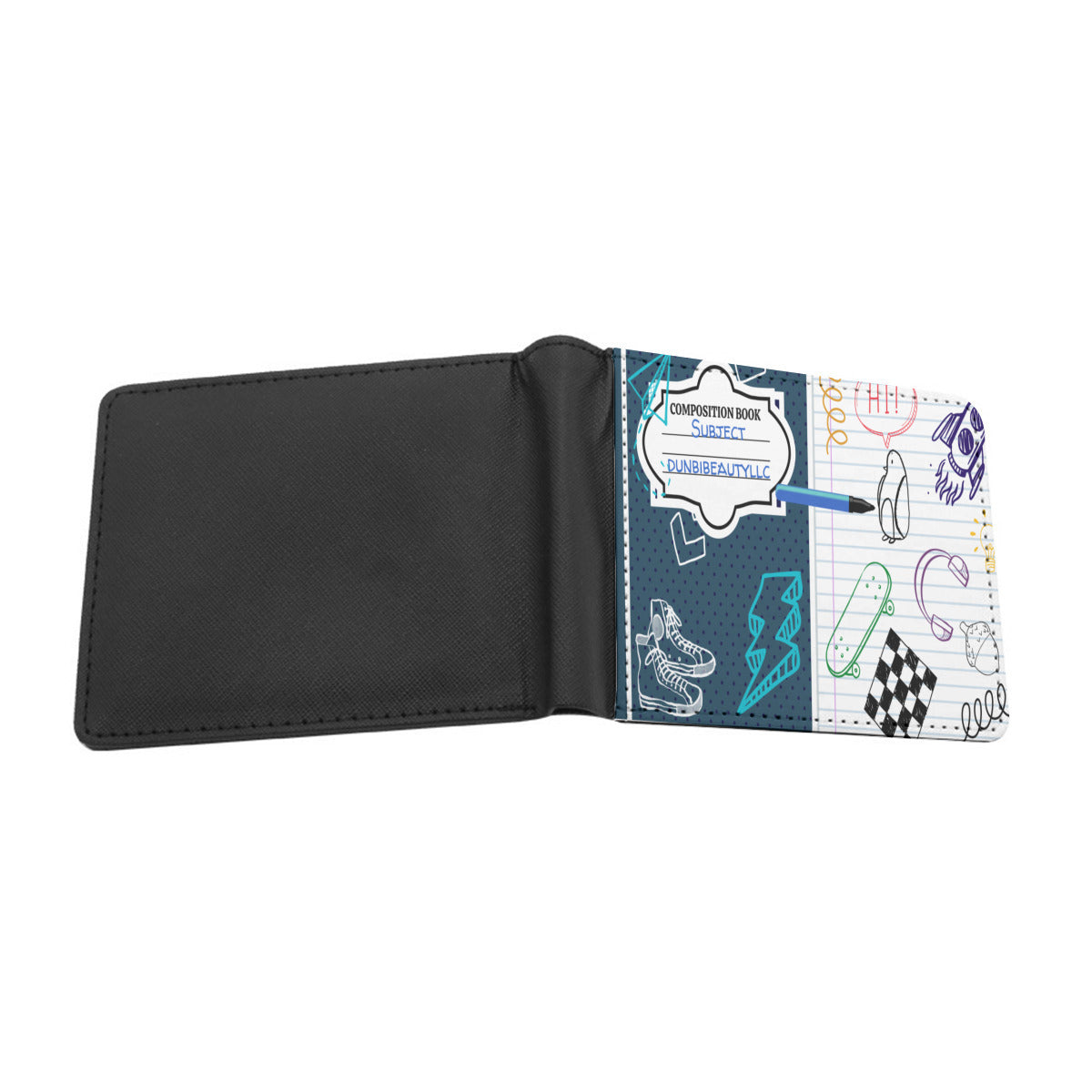 Customized Men's Wallet｜PU - Back to School, Composition Notebook Style, Doodles, Scribbles, Writing, Boy, Blue (Designed by Dunbi)