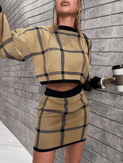 Plaid Crop Sweater & Knit Skirt Set Kiwidrop