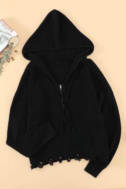 Zipper V-Neck Dropped Sleeve Hooded Solid Sweater Kiwidrop