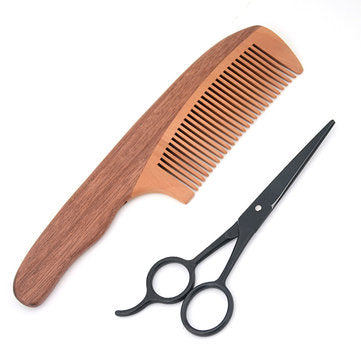 Men Intensive Wooden Beard Comb Scissors Two-piece Set Mustache Grooming Brushes Hypersku