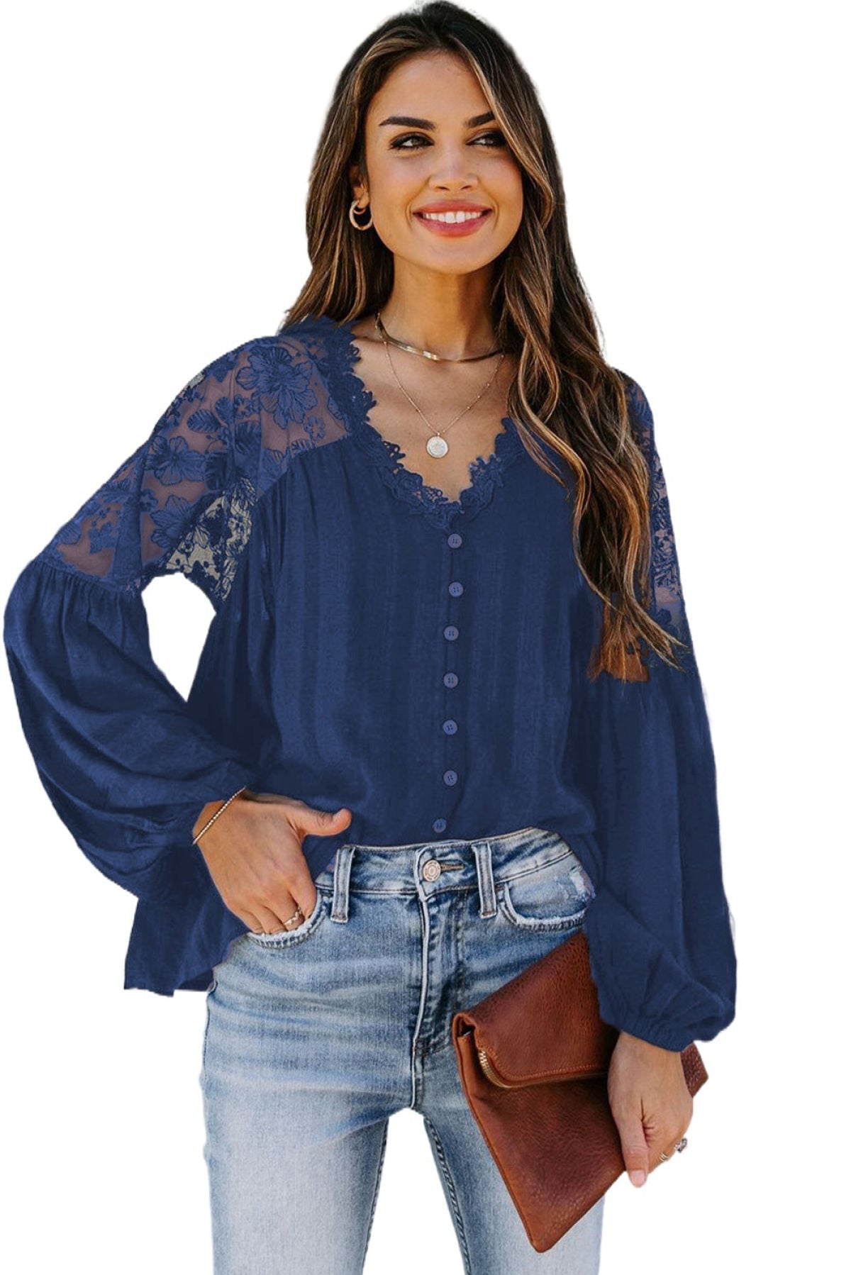 V Neckline Lace Shoulder Patchwork Blouse Kiwidrop