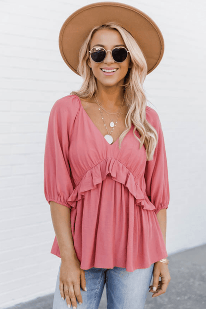 Pink Ruffled Half Sleeve V Neck Babydoll Top Kiwidrop