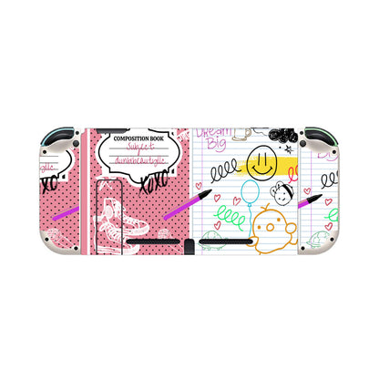 Nintendo Switch Game Console Stickers ｜PVC - Back to School, Composition Notebook Style, Doodles, Scribbles, Writing, Girl, Pink (Designed by Dunbi)