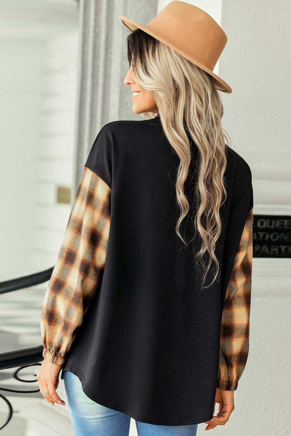 Plaid Dropped Shoulder Shirt with Breast Pocket Trendsi