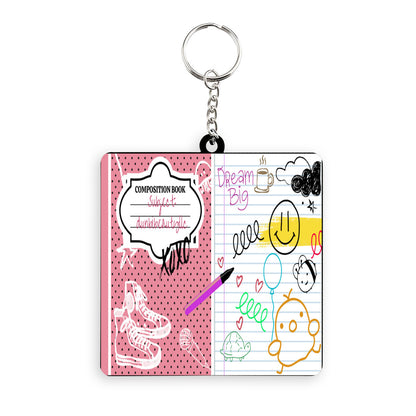 Wooden square keychain (double-sided design) | MDF - Back to School, Composition Notebook Style, Doodles, Scribbles, Writing, Girl, Pink (Designed by Dunbi)