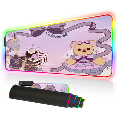 Illuminated Mouse Pad｜Rubber - Cute Teddy Bear, Tea Party, Ribbon, Bows, Cakes, Cute, Victorian, Doll, Cute Girl, Purple Style 2, Pastel Galaxy (Designed by Dunbi)