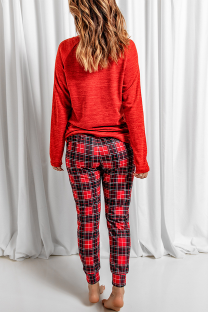 Solid Long Sleeve Top And Plaid Pants Loungewear Kiwidrop