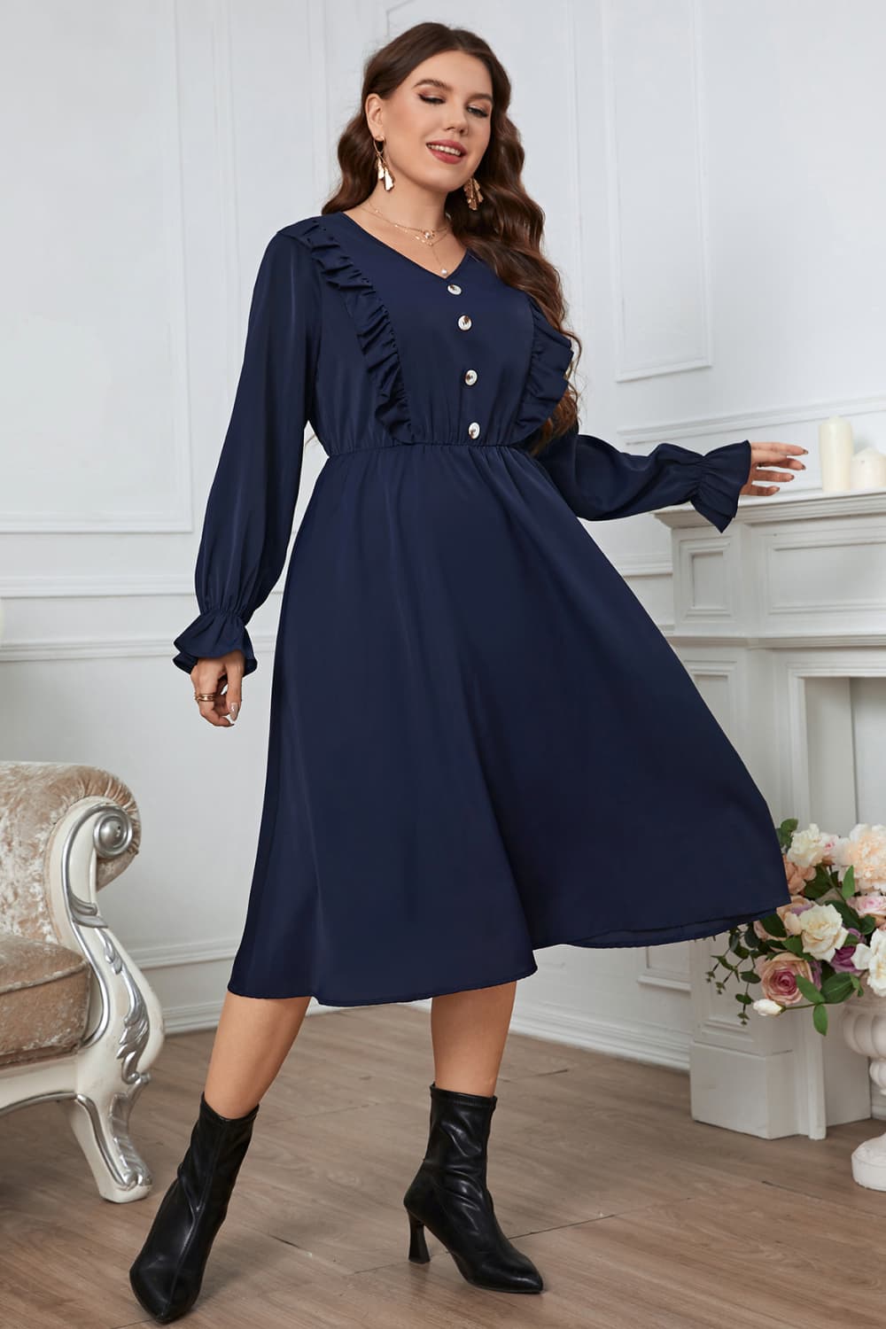 Plus Size V-Neck Buttoned Flounce Sleeve Dress