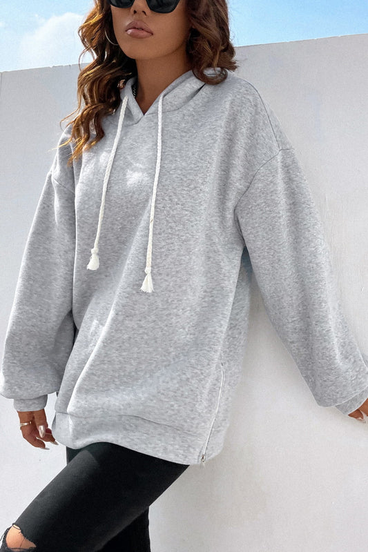 Side Zipper Dropped Shoulder Hoodie