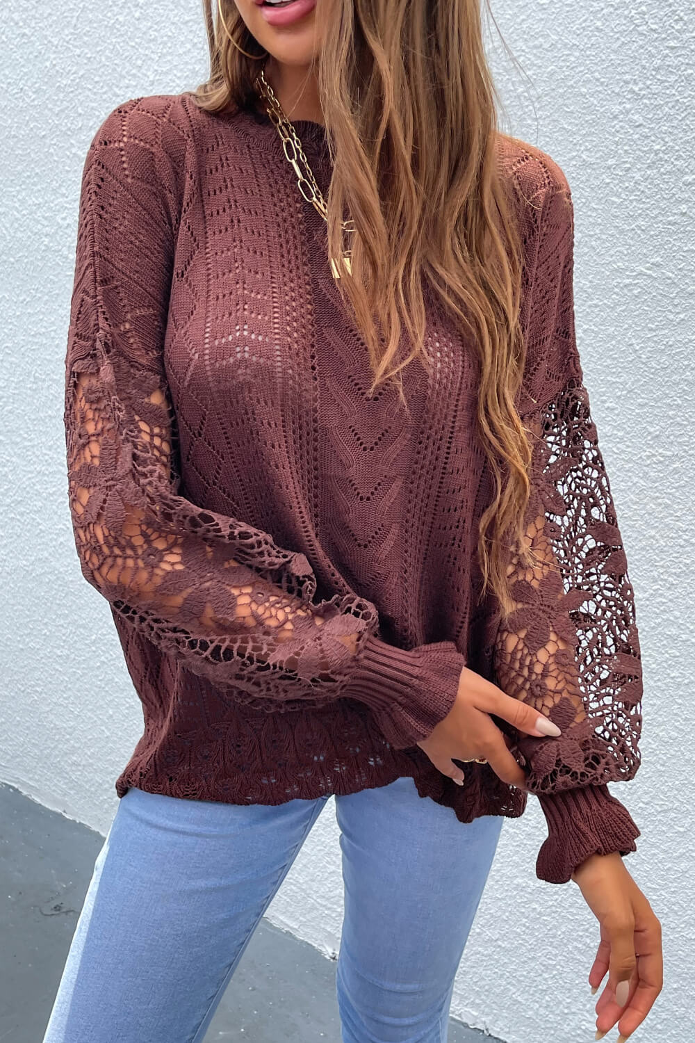 Spliced Lace Crochet Sleeve Sweater Trendsi