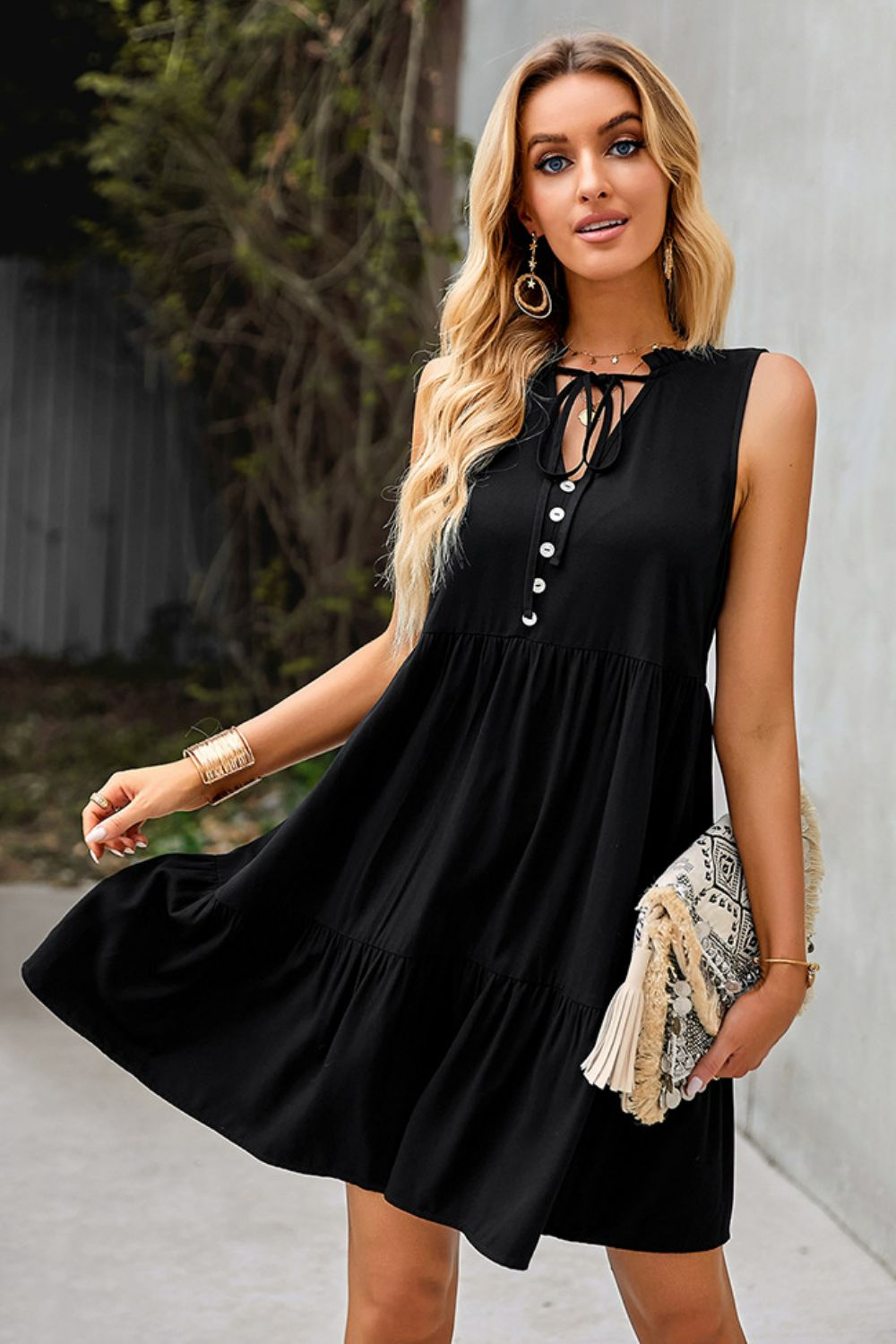 Tie Neck Tiered Dress with Decorative Buttons Trendsi