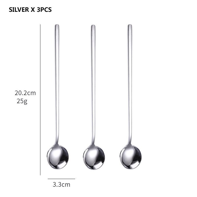 3Pcs 304 Food Grade Stainless Steel Spoon Set Long Handle Ice Cream Tea Coffee Spoons Kitchen Accessories - DunbiBeauty, LLC