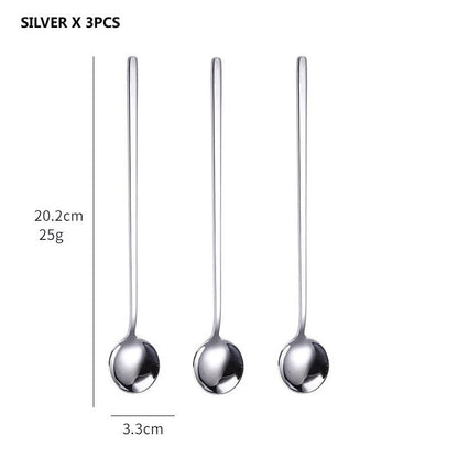 3Pcs 304 Food Grade Stainless Steel Spoon Set Long Handle Ice Cream Tea Coffee Spoons Kitchen Accessories - DunbiBeauty, LLC