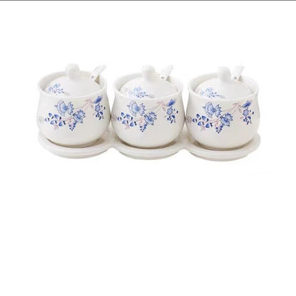 3PCS/SET Ceramic Seasoning Boxes Kitchen Container Traditional Chinese Spice Jar Storage Can With Spoon and Shelf - DunbiBeauty, LLC