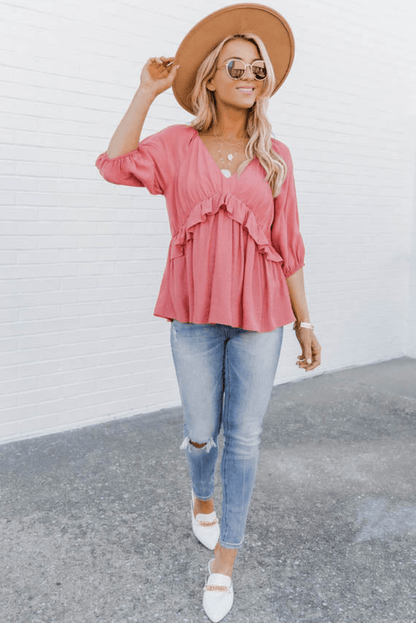 Pink Ruffled Half Sleeve V Neck Babydoll Top Kiwidrop