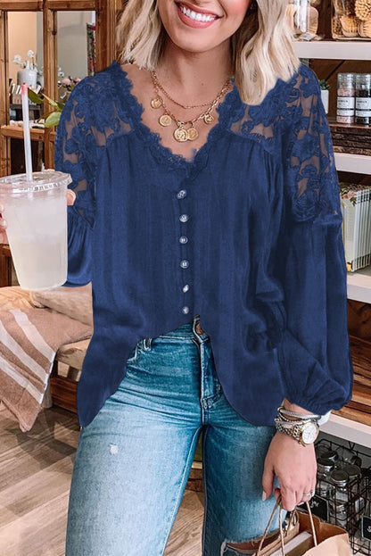 V Neckline Lace Shoulder Patchwork Blouse Kiwidrop