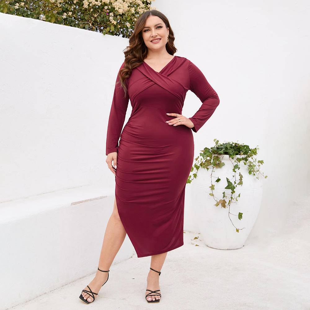 Plus Size V-neck Crisscross Slit Tube Dress