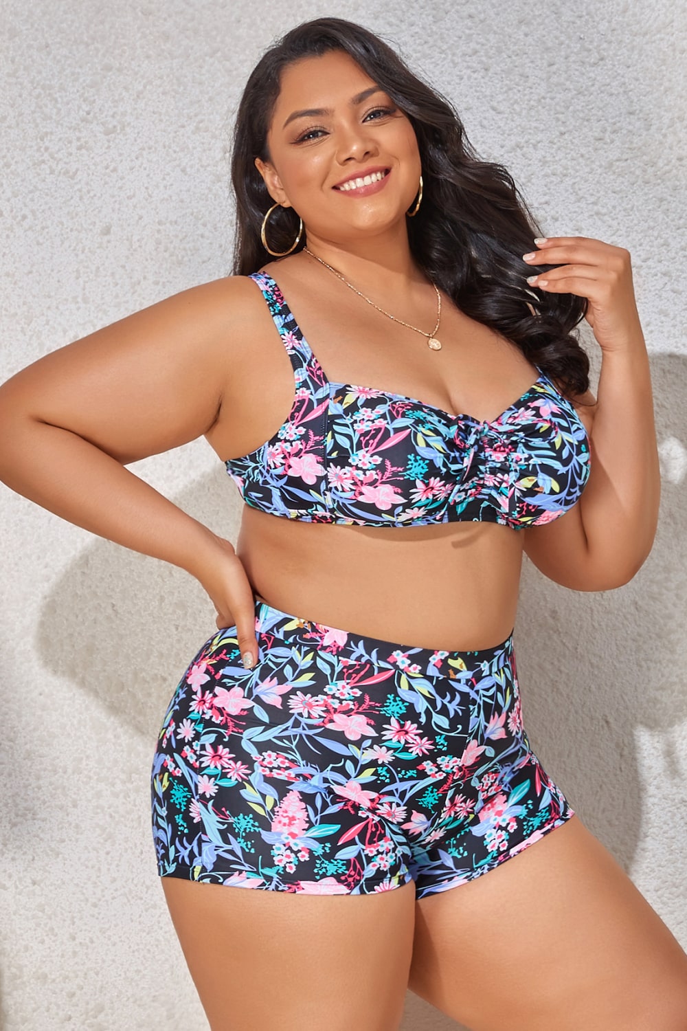 Plus Size Drawstring Detail Two-Piece Swimsuit Trendsi