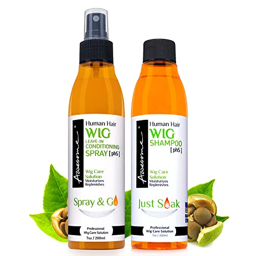 Awesome Human Hair Wig Shampoo and Leave in Conditioner Spray, pH5, Premium Set of 2, Wig Care Solution, Add Body & Volume, Promote Silkiness & Shine, Detangle Wig & Easy Combing, 7 fl oz