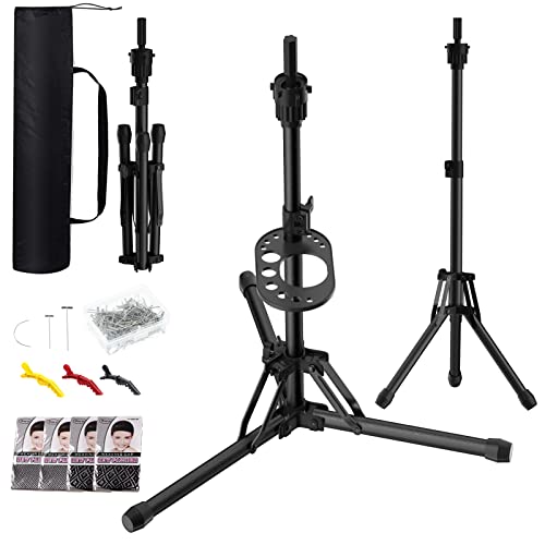 Wig Head Stand - Upgrade Wig Stand Tripod with Reinforced Tripod & Tool Tray for Cosmetology Hairdressing Training Styling, Heavy Duty Mannequin Head Stand with Wig Caps T-Pins Hair Clips Spreadr