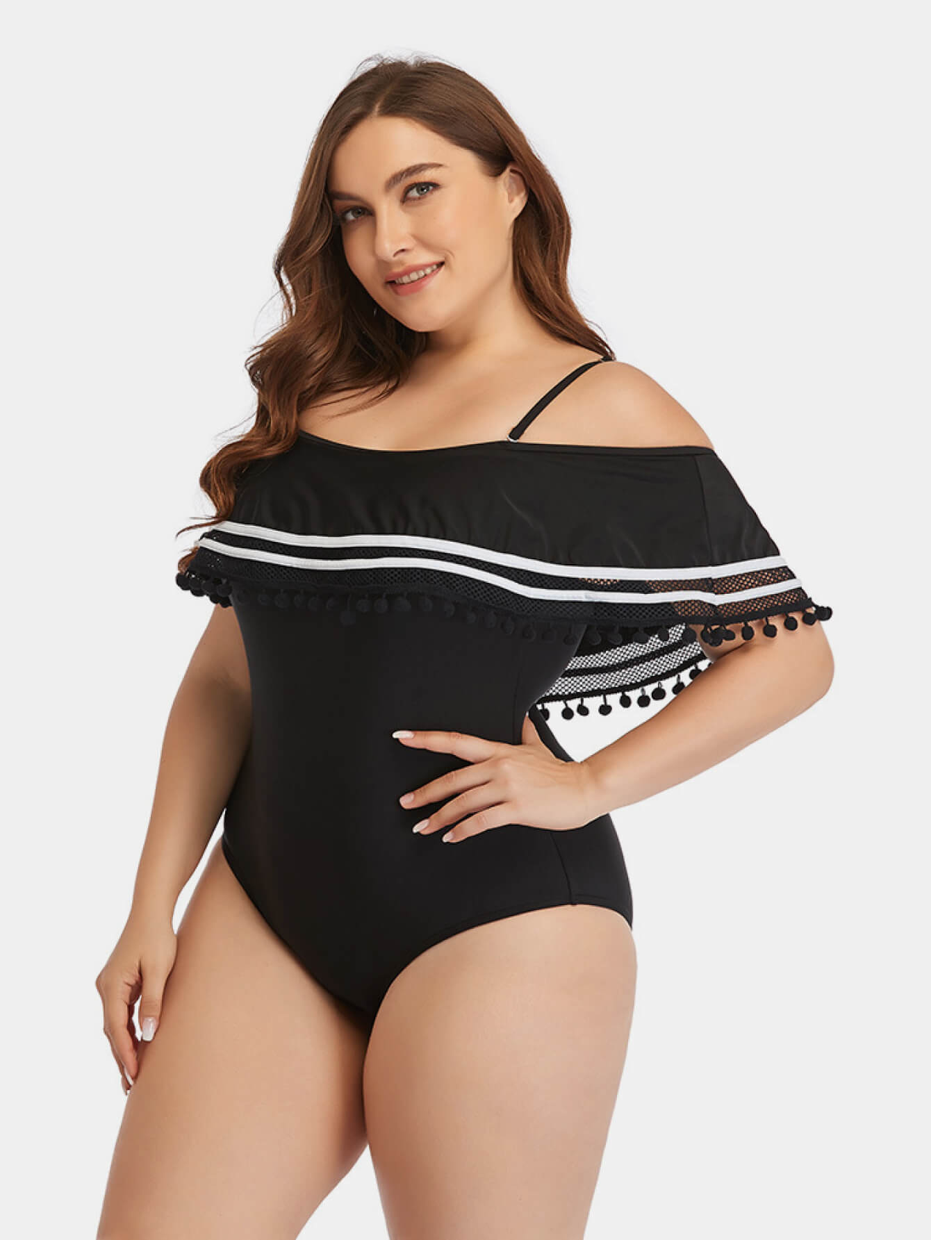 Plus Size Striped Cold-Shoulder One-Piece Swimsuit Trendsi