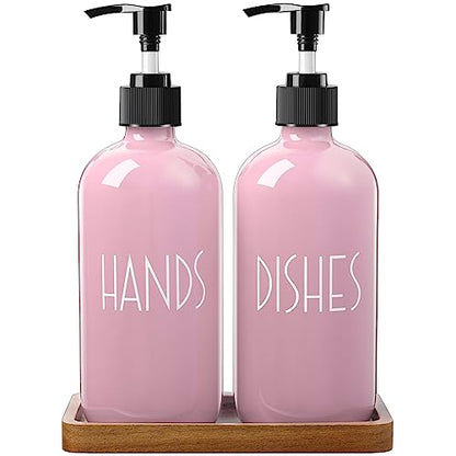 ALELION Dish Soap Dispenser for Kitchen - 16 OZ Glass Hand Soap Dispenser Set with Acacia Wood Tray - Pink Kitchen Bathroom Decor and Accessories