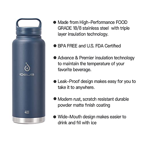 IDEUS Insulated Stainless Steel Water Bottle with 2 Leak-Proof Lids, Thermal Water Flask for Hiking Biking, 40oz, Navy Blue